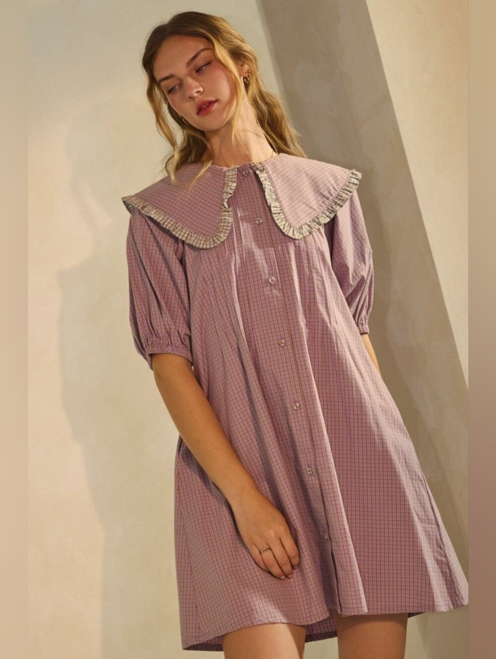Retro Mod Lavender Checked Button-Front Mini Dress with Ruffled Collar